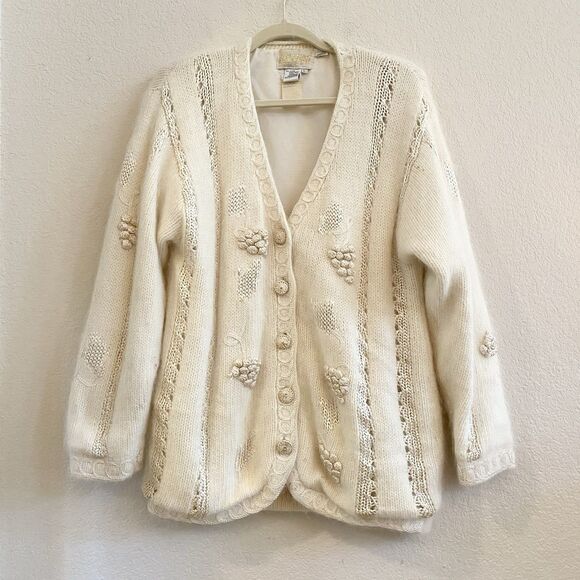 Vintage Belldini Cardigan Medium Ivory Sweater Angora Rabbit Embroidered Lined - Picture 1 of 15